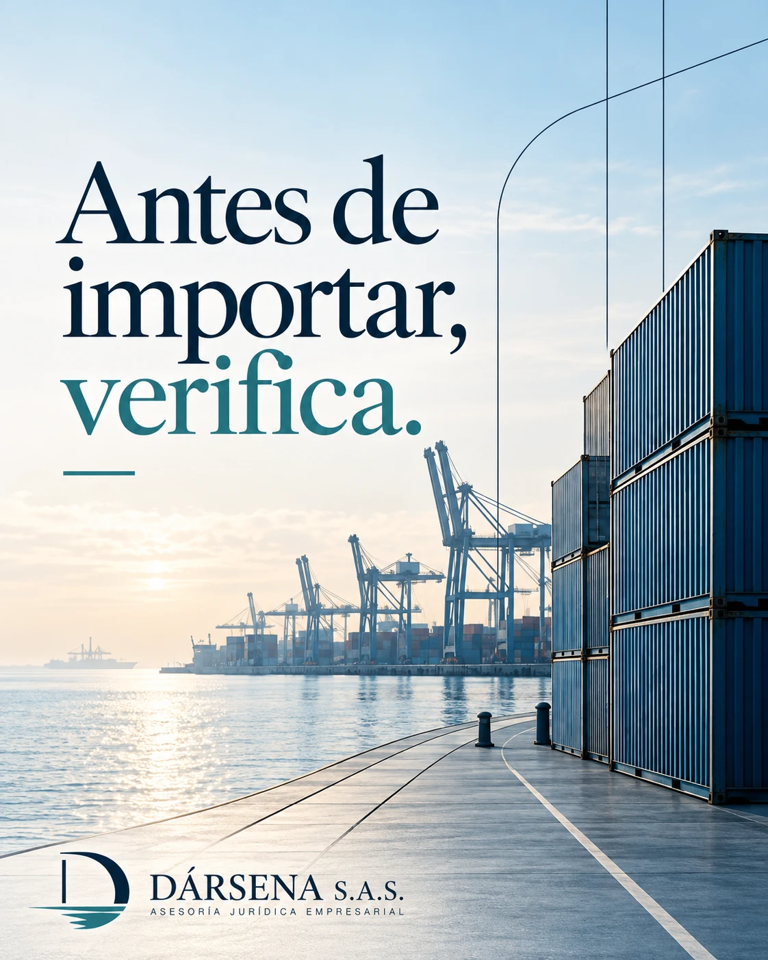 Antes de importar, verifica. DÁRSENA S.A.S.; contenedores y puerto en tonos azules.